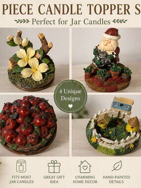 Set of 4 Jar Candle Toppers | Cottage Garden Apple Santa Birdhouse Decor